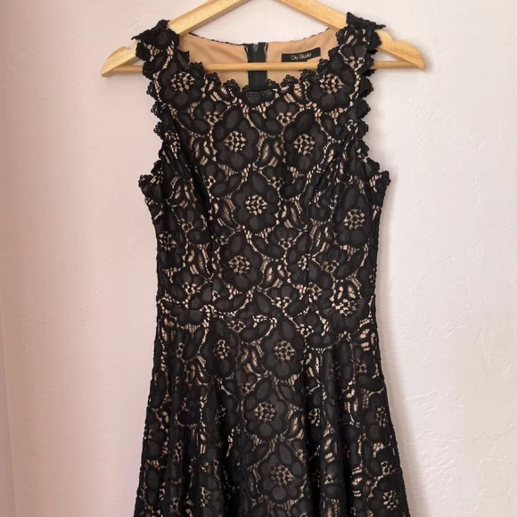 slim fit dress slacks City Studios Juniors Glitter Lace Fit Flare Dress Blue / 1